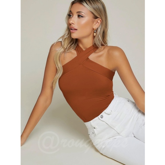 Rust Brown Halter Tank Top Criss Cross Slim Fit - Picture 2 of 7